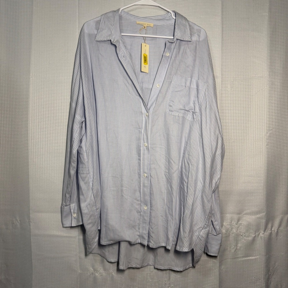 Copper Key Striped Button Down Shirt‎ L Light Blue Oversized High-Low Hem